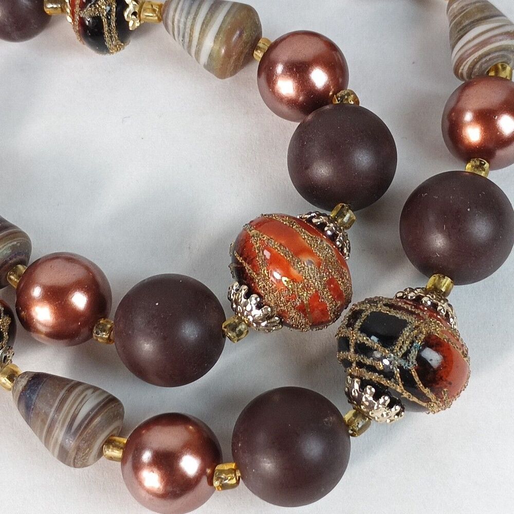 Japan Branded 2 Strand Gold Tone, Brown & Copper Beads 17.5" Necklace - Picture 3 of 6